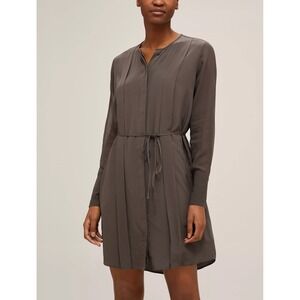 Club Monaco 100% Silk Pleated Belted Shirt Dress Gray Brown Size 8 Quiet Luxury